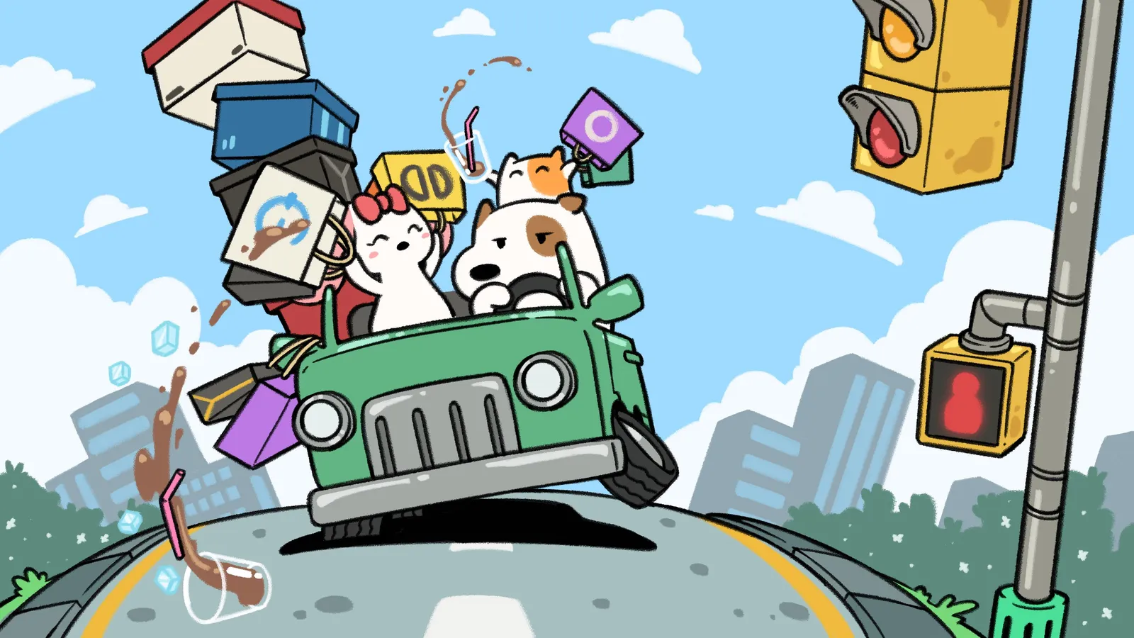 The frens on a road trip, a car piled with shopping bags