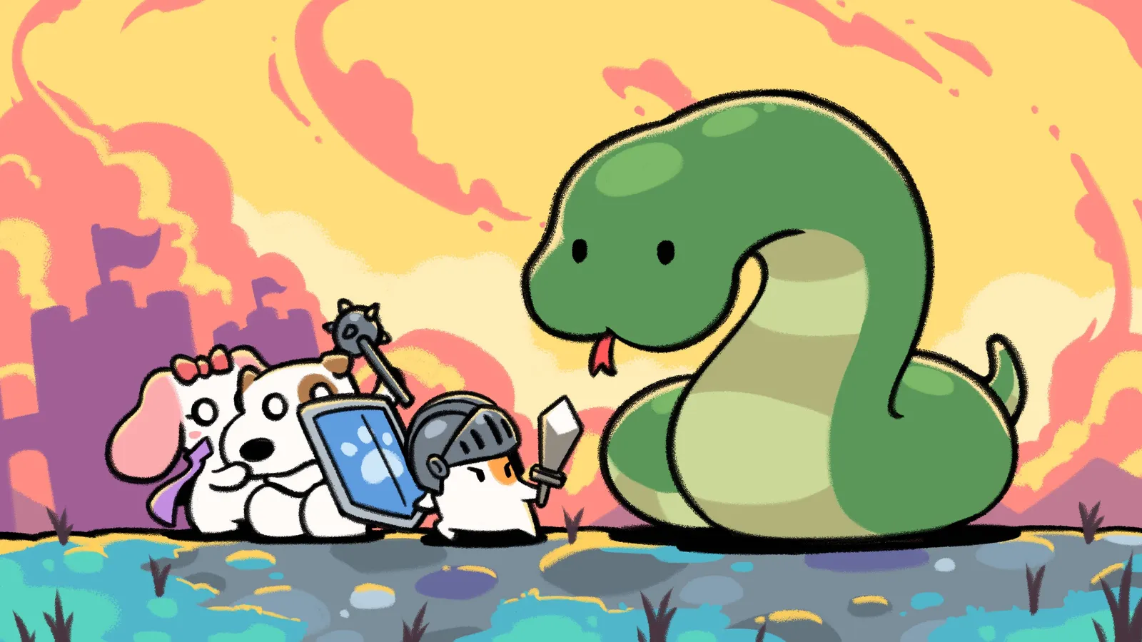 The frens in armor facing a giant green snake outside a castle