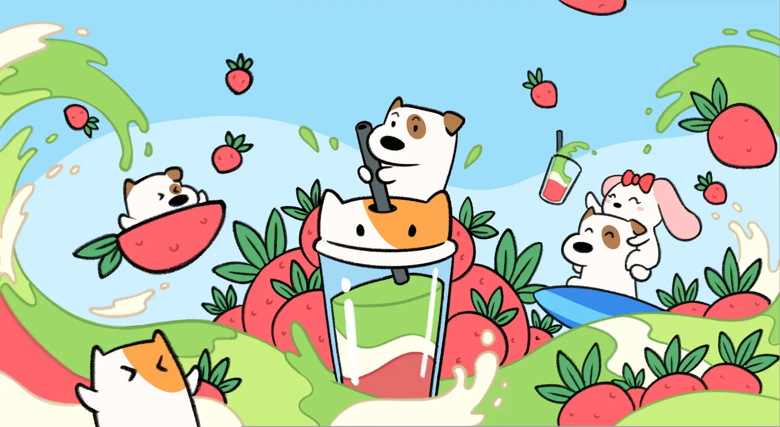 The frens surfing a wave of strawberry matcha around a giant cup