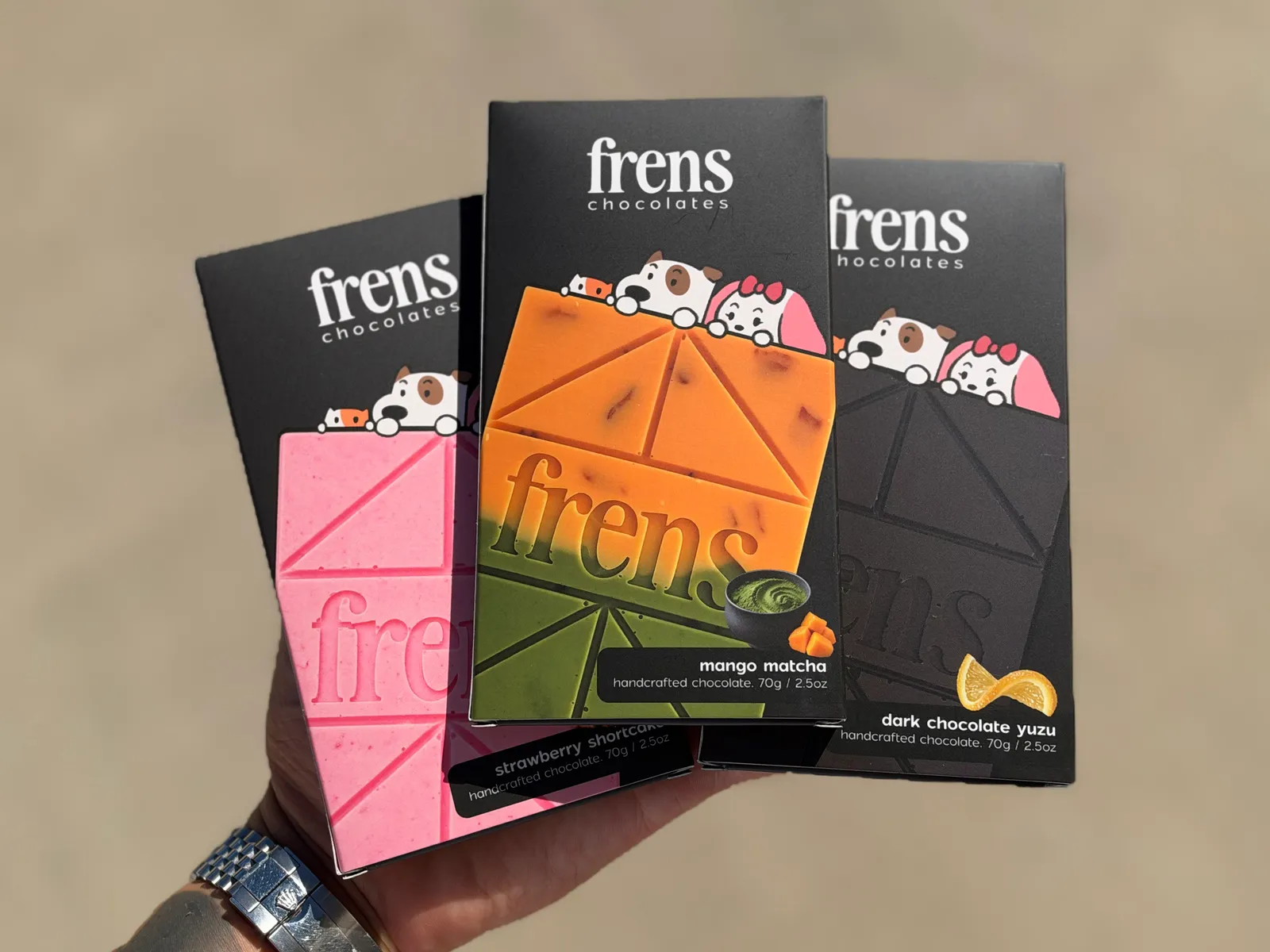 Three frens chocolate bars: strawberry shortcake, mango matcha and dark chocolate yuzu