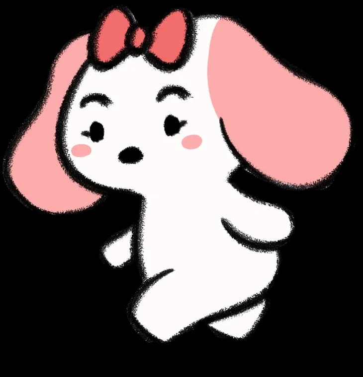 The frens dog with floppy pink ears and a bow