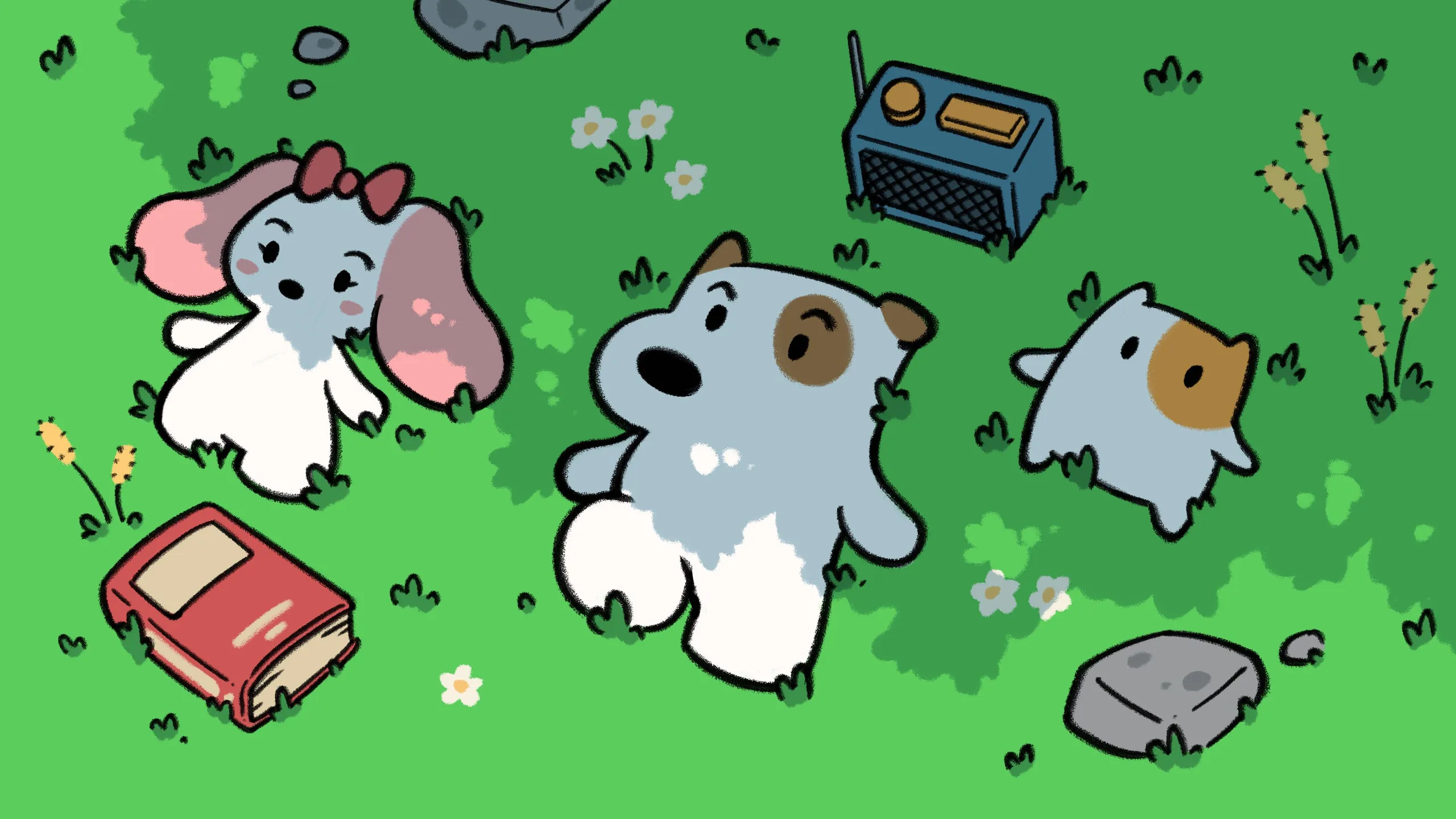 The frens lying in the grass with a book, a radio and wildflowers