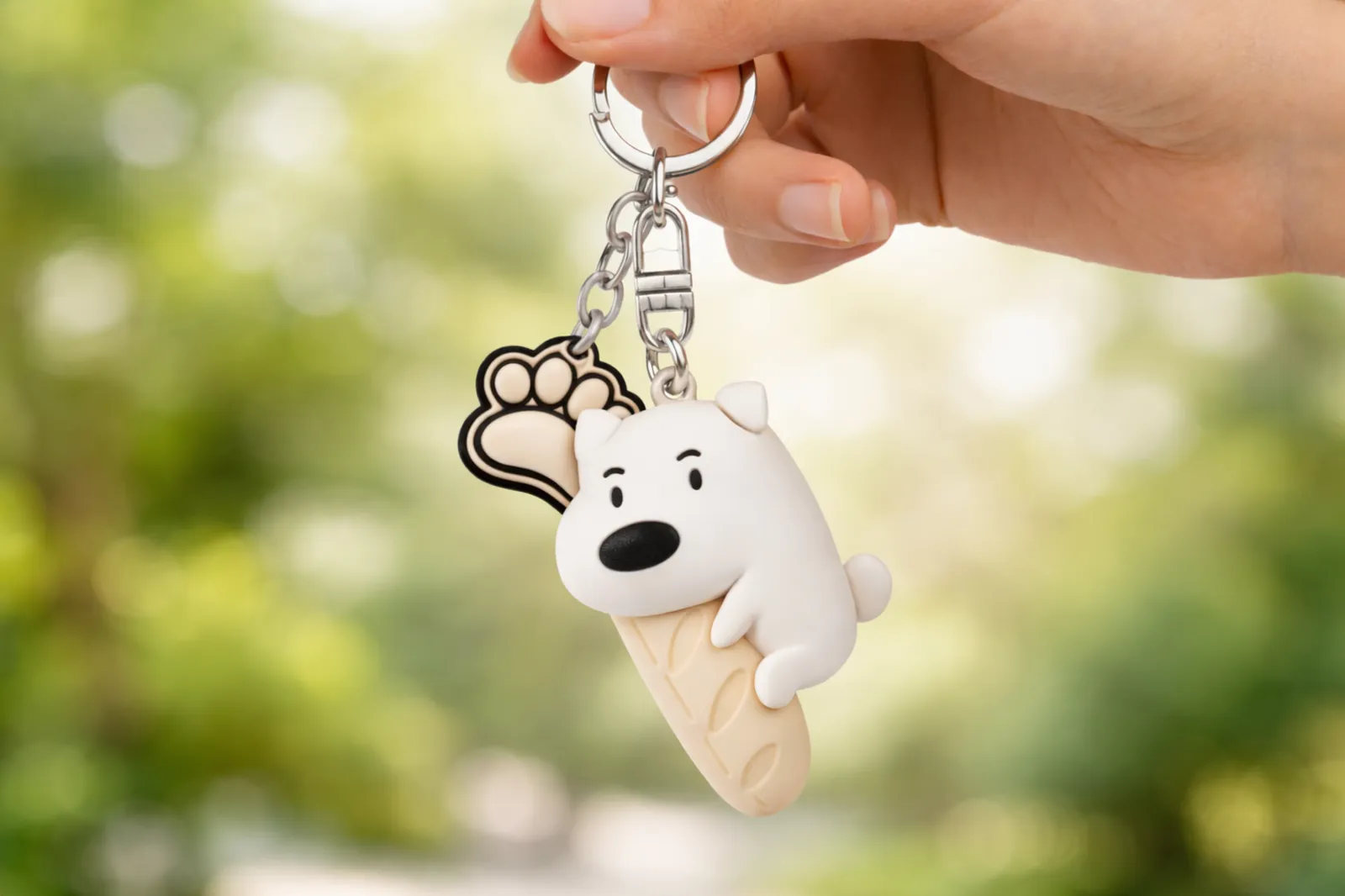 Frens dog keychain hugging a baguette